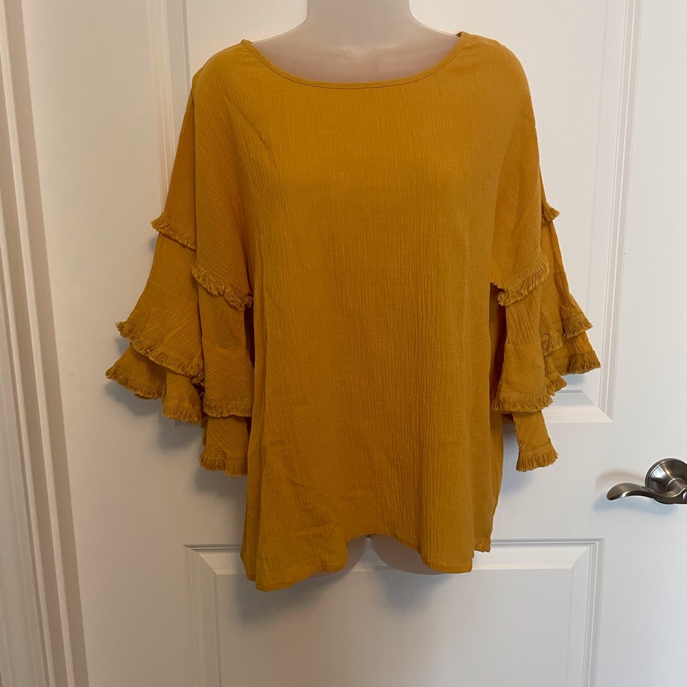 Umgee Mustard Ruffle Sleeve Blouse